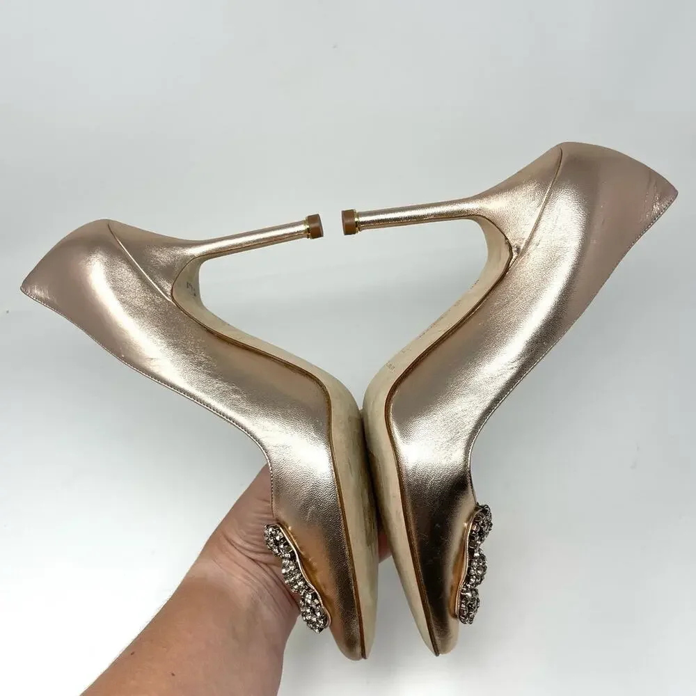 Manolo Blahnik Hangisi Rose Gold Metallic Leather Crystal Buckle Pump Heel EU 37 - Picture 4 of 14